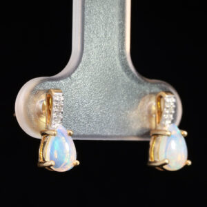 Yellow Gold Blue Green Solid Australian Crystal Opal and Diamond Earrings