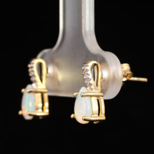 Yellow Gold Blue Green Solid Australian Crystal Opal and Diamond Earrings