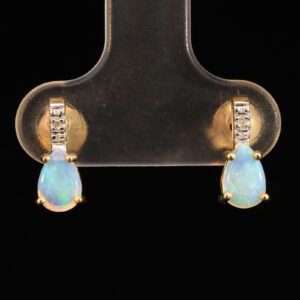 Yellow Gold Blue Green Solid Australian Crystal Opal and Diamond Earrings