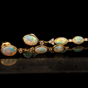 Yellow Gold Blue Green Yellow Orange Pink Solid Australian Crystal Opal and Diamond Earrings
