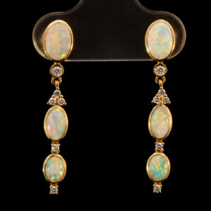 Yellow Gold Blue Green Yellow Orange Pink Solid Australian Crystal Opal and Diamond Earrings