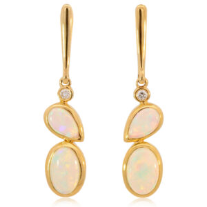 Yellow Gold Blue Green Yellow Orange Red Solid Australian Crystal Opal and Diamond Drop Earrings