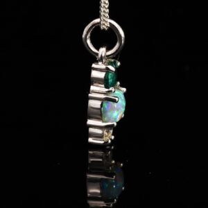 White Gold Blue Green Solid Australian Crystal Opal Emerald and Diamond Pendant Necklace