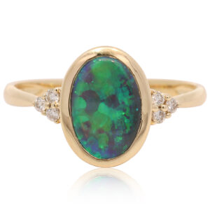 Yellow Gold Blue Green Solid Australian Black Opal and Diamond Engagement Ring