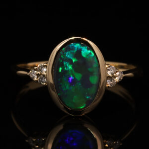 Yellow Gold Blue Green Solid Australian Black Opal and Diamond Engagement Ring