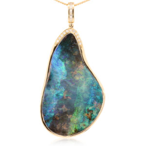 Yellow Gold Blue Green Purple Solid Australian Boulder Opal and Diamond Pendant Necklace