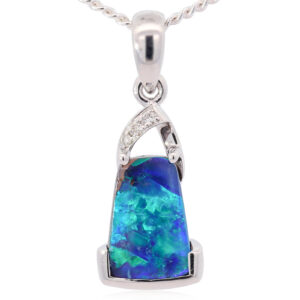 White Gold Blue Green Solid Australian Boulder Opal and Diamond Pendant Necklace