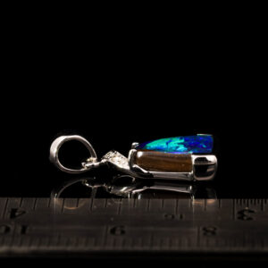 White Gold Blue Green Solid Australian Boulder Opal and Diamond Pendant Necklace
