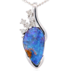 White Gold Blue Green Solid Australian Boulder Opal and Diamond Pendant Necklace