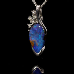 White Gold Blue Green Solid Australian Boulder Opal and Diamond Pendant Necklace