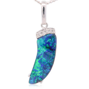 White Gold Blue Green Solid Australian Boulder Opal and Diamond Pendant Necklace