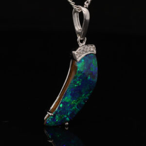 White Gold Blue Green Solid Australian Boulder Opal and Diamond Pendant Necklace