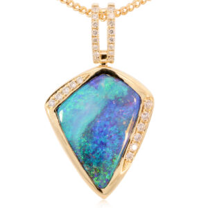 Yellow Gold Blue Green Purple Solid Australian Boulder Opal and Diamond Pendant Necklace