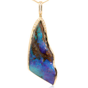 Yellow Gold Blue Green Purple Solid Australian Boulder Opal and Diamond Pendant Necklace