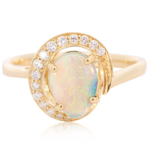 Yellow Gold Blue Green Yellow Orange Solid Australian Crystal Opal and Diamond Engagement Ring