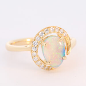 Yellow Gold Blue Green Yellow Orange Solid Australian Crystal Opal and Diamond Engagement Ring