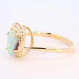 Yellow Gold Blue Green Yellow Orange Solid Australian Crystal Opal and Diamond Engagement Ring