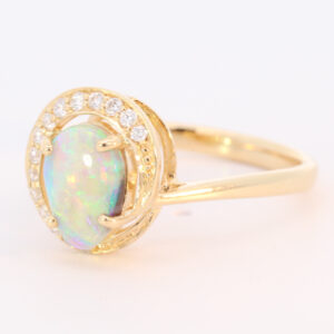 Yellow Gold Blue Green Yellow Orange Solid Australian Crystal Opal and Diamond Engagement Ring