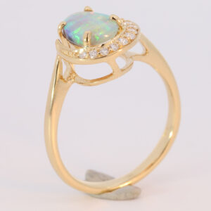Yellow Gold Blue Green Yellow Orange Solid Australian Crystal Opal and Diamond Engagement Ring