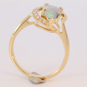 Yellow Gold Blue Green Yellow Orange Solid Australian Crystal Opal and Diamond Engagement Ring