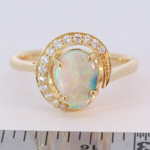 Yellow Gold Blue Green Yellow Orange Solid Australian Crystal Opal and Diamond Engagement Ring