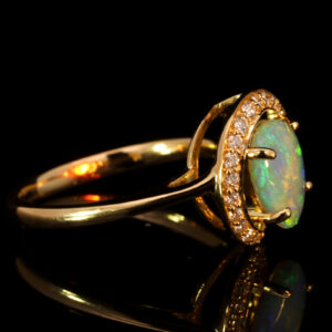 Yellow Gold Blue Green Yellow Orange Solid Australian Crystal Opal and Diamond Engagement Ring