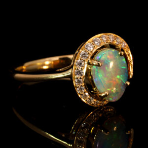 Yellow Gold Blue Green Yellow Orange Solid Australian Crystal Opal and Diamond Engagement Ring