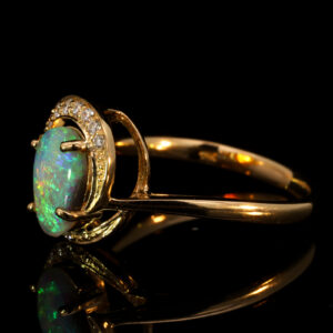 Yellow Gold Blue Green Yellow Orange Solid Australian Crystal Opal and Diamond Engagement Ring
