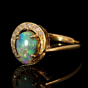 Yellow Gold Blue Green Yellow Orange Solid Australian Crystal Opal and Diamond Engagement Ring