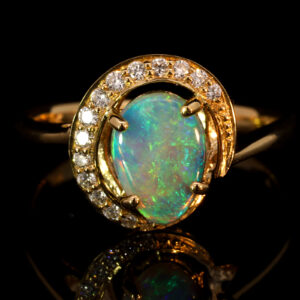 Yellow Gold Blue Green Yellow Orange Solid Australian Crystal Opal and Diamond Engagement Ring
