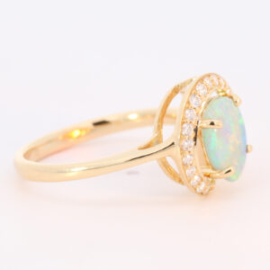 Yellow Gold Blue Green Yellow Orange Solid Australian Crystal Opal and Diamond Engagement Ring