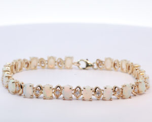 Yellow Gold Blue Green Yellow Orange Solid Australian Crystal Opal and Diamond Bracelet