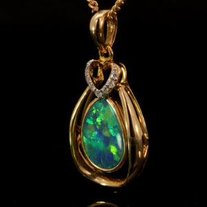 Yellow Gold Blue Green Yellow Orange Australian Doublet Opal and Diamond Pendant Necklace
