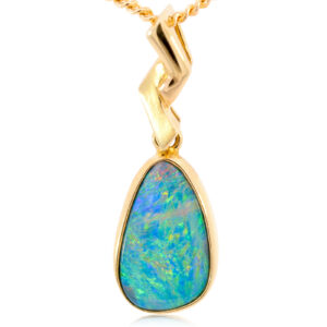 Yellow Gold Blue Green Yellow Orange Australian Doublet Opal Pendant Necklace