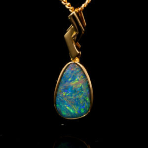 Yellow Gold Blue Green Yellow Orange Australian Doublet Opal Pendant Necklace