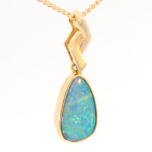 Yellow Gold Blue Green Yellow Orange Australian Doublet Opal Pendant Necklace