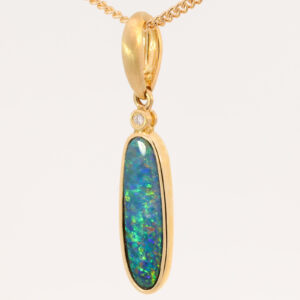 Yellow Gold Blue Green Yellow Orange Australian Doublet Opal and Diamond Pendant Necklace