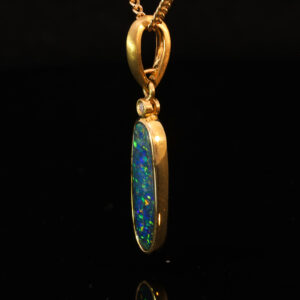 Yellow Gold Blue Green Yellow Orange Australian Doublet Opal and Diamond Pendant Necklace