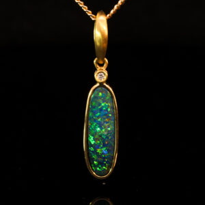 Yellow Gold Blue Green Yellow Orange Australian Doublet Opal and Diamond Pendant Necklace