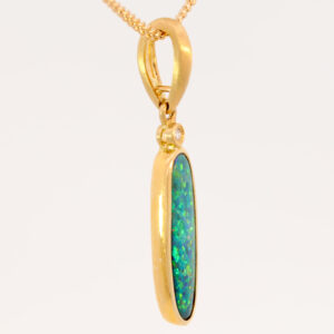 Yellow Gold Blue Green Yellow Orange Australian Doublet Opal and Diamond Pendant Necklace