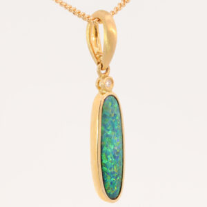Yellow Gold Blue Green Yellow Orange Australian Doublet Opal and Diamond Pendant Necklace