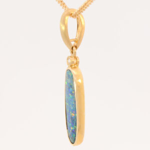 Yellow Gold Blue Green Yellow Orange Australian Doublet Opal and Diamond Pendant Necklace
