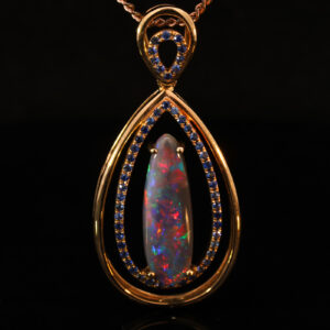 Rose Gold Blue Green Orange Red Solid Australian Black Opal and Sapphire Pendant Necklace