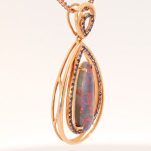 Rose Gold Blue Green Orange Red Solid Australian Black Opal and Sapphire Pendant Necklace