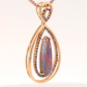 Rose Gold Blue Green Orange Red Solid Australian Black Opal and Sapphire Pendant Necklace
