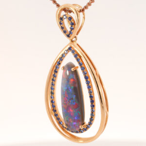 Rose Gold Blue Green Orange Red Solid Australian Black Opal and Sapphire Pendant Necklace
