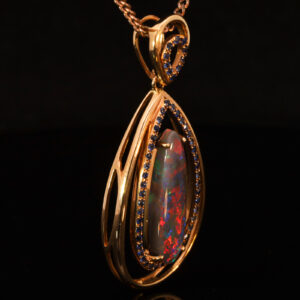 Rose Gold Blue Green Orange Red Solid Australian Black Opal and Sapphire Pendant Necklace