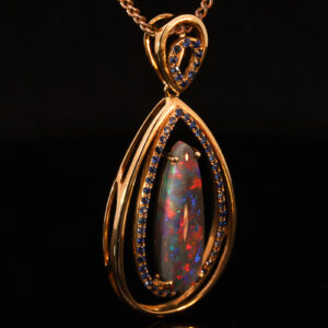 Rose Gold Blue Green Orange Red Solid Australian Black Opal and Sapphire Pendant Necklace