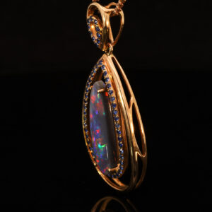 Rose Gold Blue Green Orange Red Solid Australian Black Opal and Sapphire Pendant Necklace