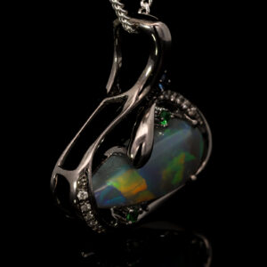 White Gold Blue Green Yellow Orange Red Solid Australian Semi Black Opal Diamond Sapphire and Green Garnet Pendant Necklace